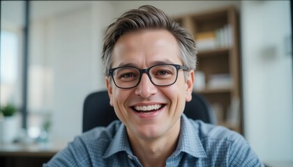 A cheerful man with glasses enjoys a casual video call in his contemporary office, boasting a bright and inviting atmosphere, reflecting his positive demeanor and professionalism