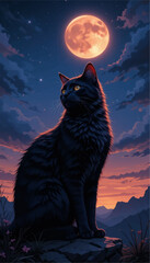 Obraz premium The Pensive Gaze of the Twilight Wanderer: A Stunning Vector Illustration Capturing a Cat's Contemplation Under a Dusky Sky