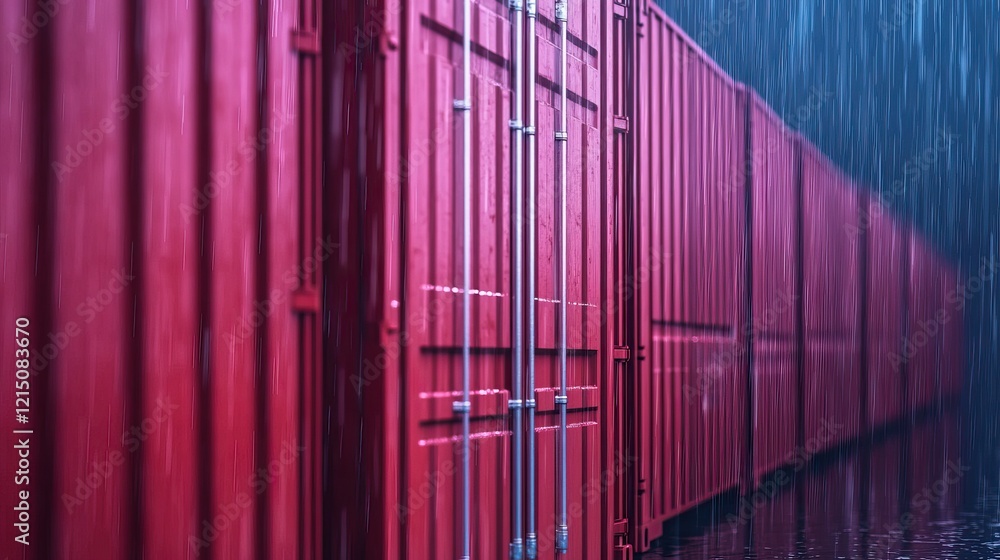 Poster a row of red shipping containers under heavy rain, creating a moody atmosphere with water droplets c