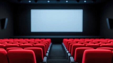Empty cinema hall with bright red seats and blank screen ready for movie viewing experience at night