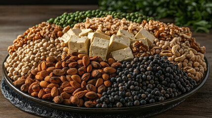Naklejka premium A vibrant arrangement of plant-based proteins, including tofu, soybeans, and nuts, offering a nutrient-dense, low-fat, and healthy option with a serene and calming vibe.