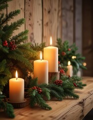 Burning candles and evergreen branches on a wooden mantel, festive, evergreen