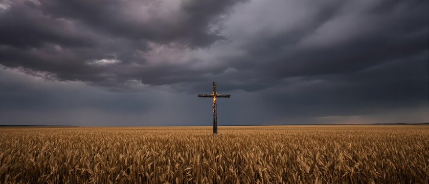 Burning wooden cross standing alone in open field, with dark clouds rolling in overhead, brooding, divine justice, spiritual warfare, judgement, holy