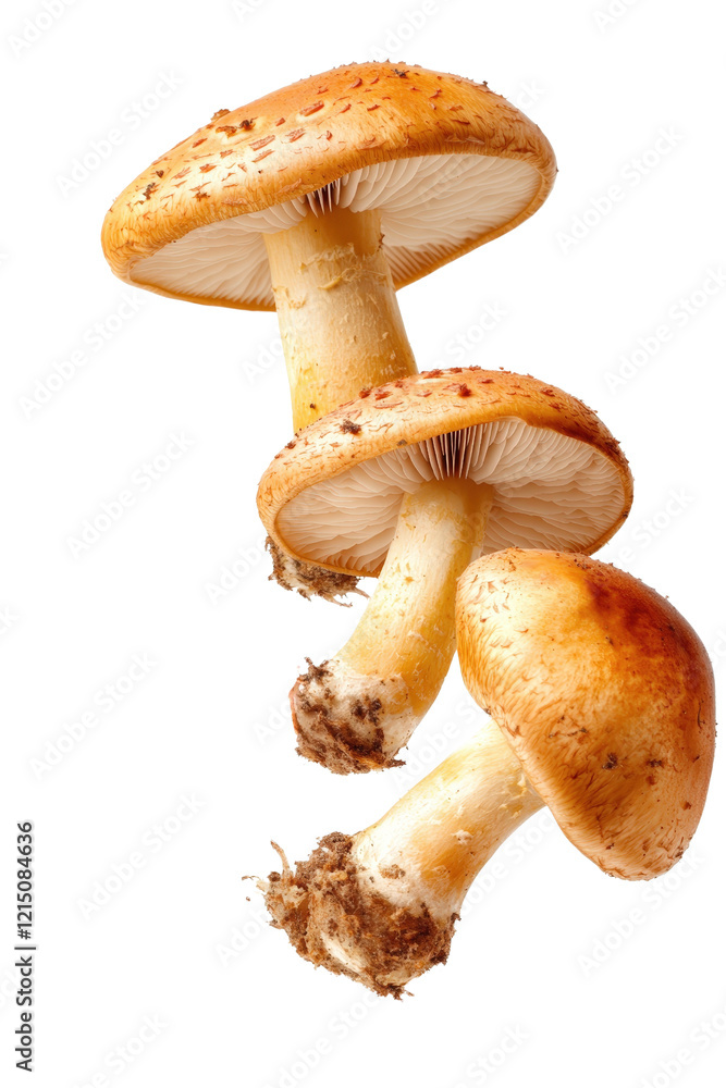 Poster three mushrooms displayed on a black background showcasing their unique shapes and textures isolated