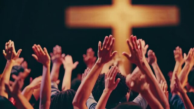 hands of a crowd of people at a Christian meeting during the glorification praise of God against the background of the cross