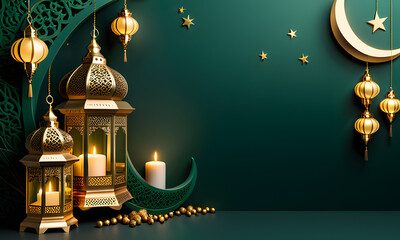 Obraz premium Ornate golden lanterns and crescent moons with carving ornaments against dark green backgrounds suitable for Ramadan, festive, and celebratory design projects