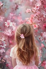 Naklejka premium Young Woman s Back in Blossoming Pink Flower Garden
