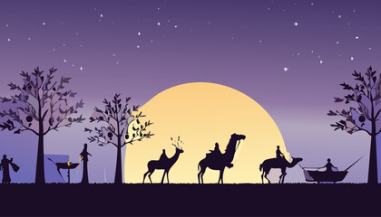  Nativity Scene with Three Wise on camels in a desert night illustration