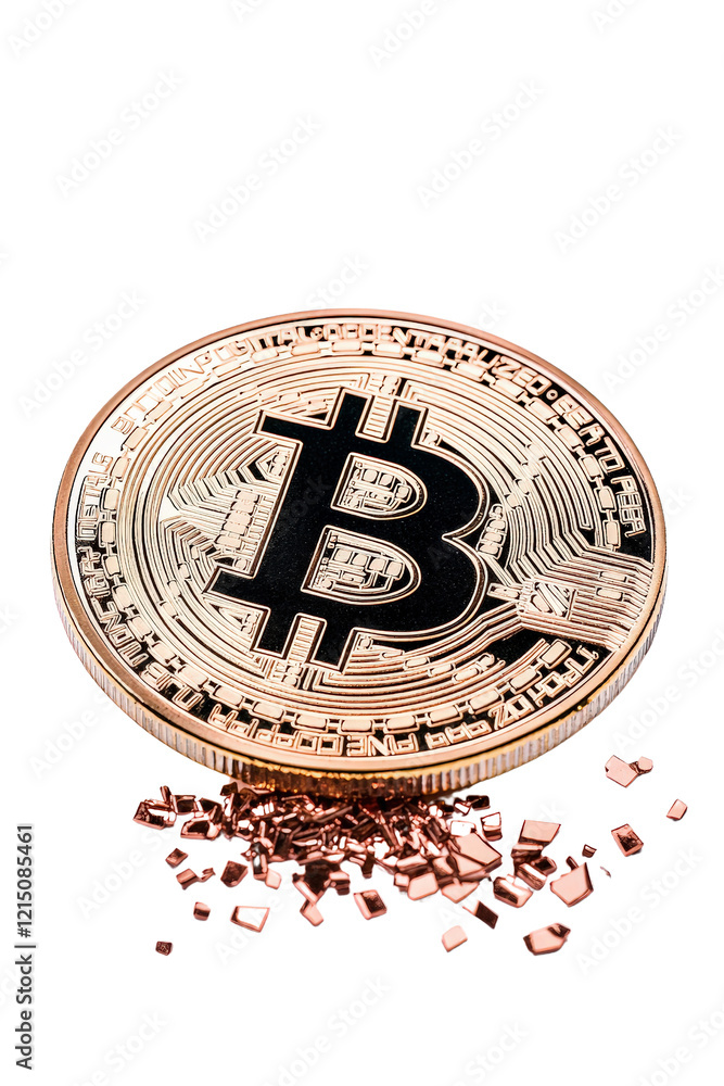 Poster close up view of a shiny gold bitcoin isolated on a white background with intricate details isolated