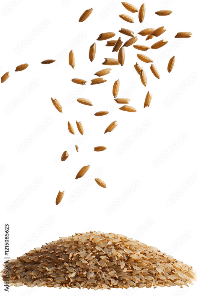 Poster a pile of oats cascading down from above in a natural setting on a wooden surface isolated on transp