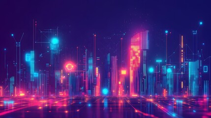 Fototapeta premium Neon Cityscape Digital Futuristic Architecture Design