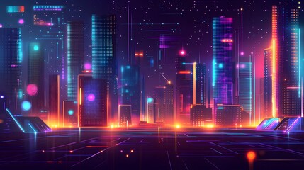 Naklejka premium Neon Cityscape Vibrant Towers Illuminated Night
