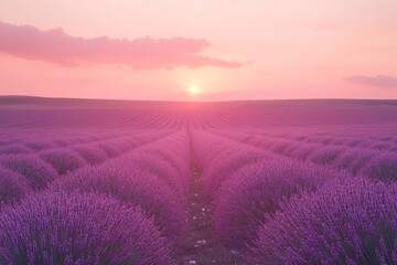 A field of lavender stretching endlessly under a pink sky, where the soft hues create a serene and calming atmosphere