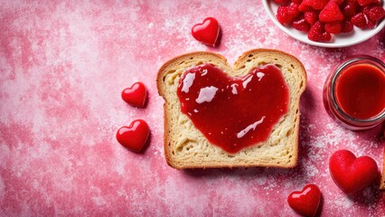 Bread on top with red jam with strawberries. A heart-shaped toaster on a pink background. There are a lot of little hearts next to it. valentine's day. A photo with a place for the text.