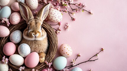 Easter Bunny in Nest: A charming brown bunny sits nestled in a woven basket, surrounded by colorful Easter eggs and delicate cherry blossom branches, creating a festive and cheerful scene.  