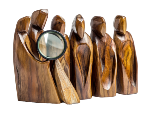 Isolated Wooden Figures with Magnifying Glass - Powered by Adobe