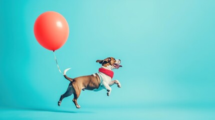 A whimsical photo of a dog wearing a funny costume, chasing a balloon on April Fools' Day, bright and playful atmosphere, high-quality pet photography 