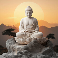Fototapeta premium serene Buddha statue on lotus flower at sunset