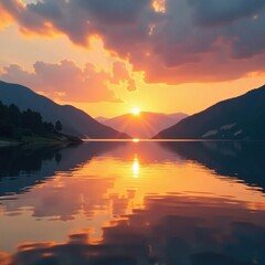 Obraz premium Calm lake surface with golden sunset reflection and surrounding hills, golden, serene