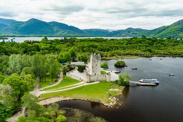 Aerial view of Ross Castle, 15th-century tower house and keep on the edge of Lough Leane, in...