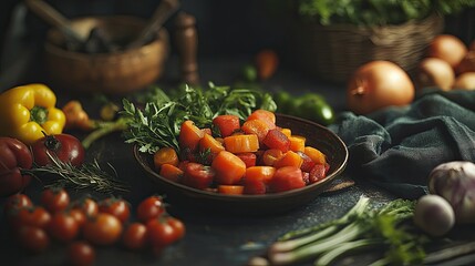 A vibrant salad bowl filled with a variety of fresh greens,