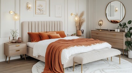 Elegant Beige Bedroom With Orange Accents And Gold Details