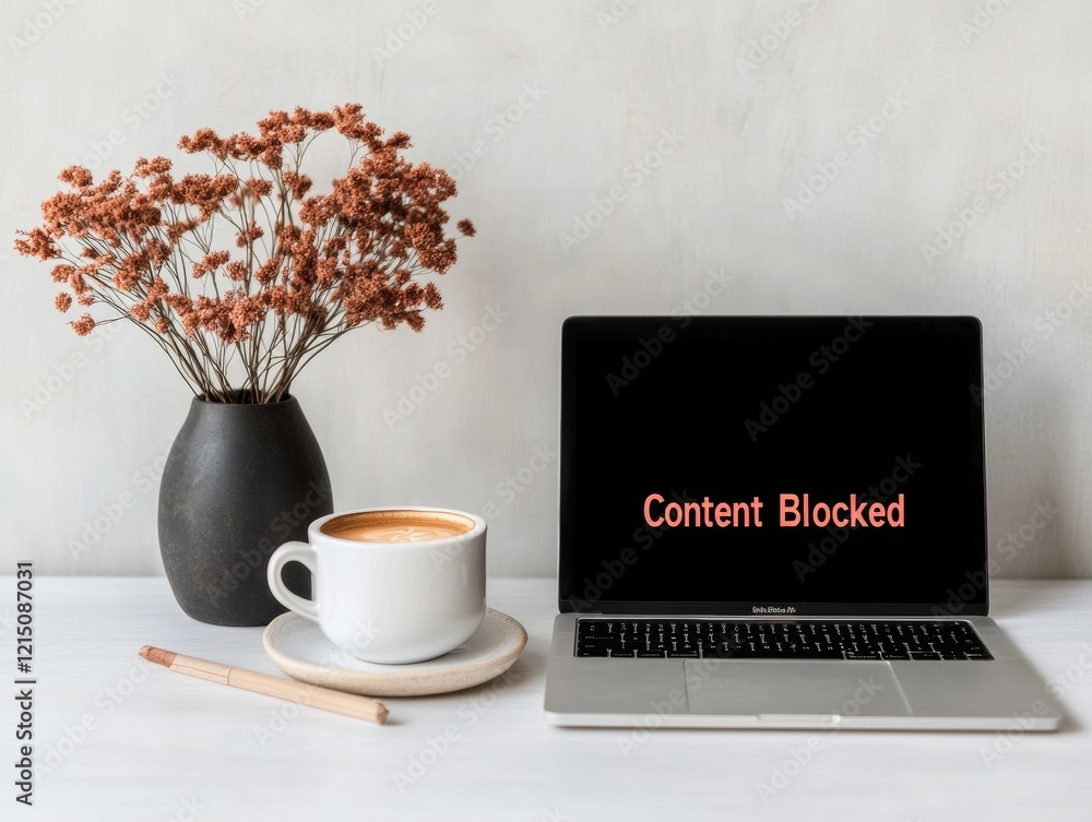 Aufkleber minimalist digital workspace monochrome desk with laptop and content blocked message - empowering te