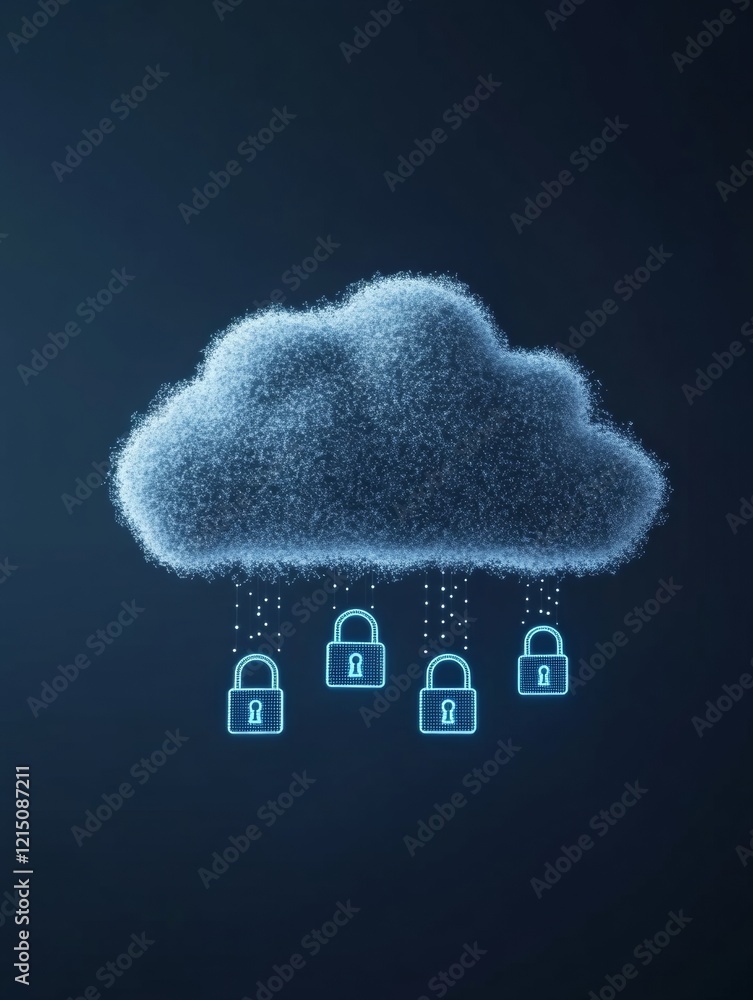 Poster futuristic cybersecurity graphic blue particle cloud with padlock icons - data protection solutions 