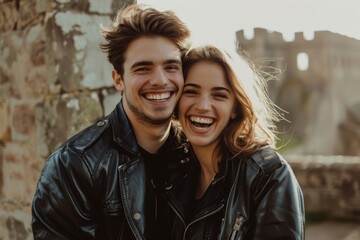 Naklejka premium Portrait of a joyful caucasian couple in their 20s sporting a classic leather jacket isolated in historic castle backdrop