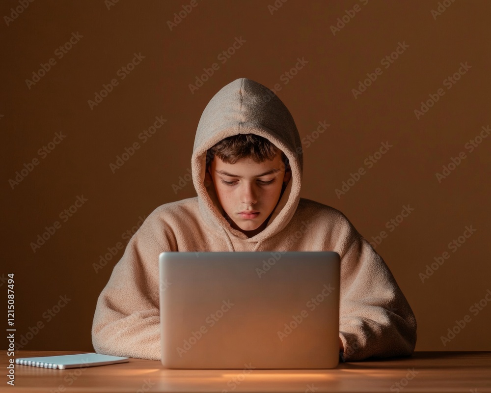 Aufkleber Tech-Enhanced Teen Workspace Focused 13-Year-Old Indian Boy in Hoodie Coding on Laptop - Modern E-Learning and STEM Education for Future-Ready Skills in Digital Environments