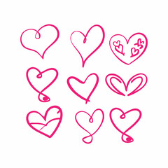 A collection of various hand-drawn heart shapes in a vibrant hot pink color.