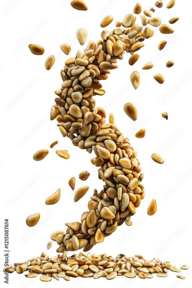 Poster pile of peanuts scattering and falling into the air creating a dynamic food scene isolated on transp