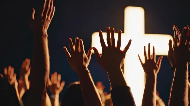 hands of a crowd of people at a Christian meeting during the glorification praise of God against the background of the cross