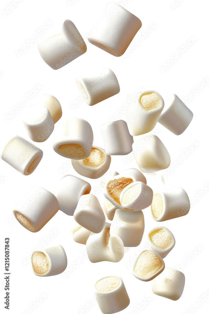 Poster pile of white marshmallows arranged on a black background creating a striking visual contrast isolat