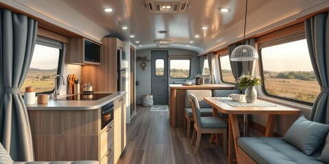 Naklejka premium Caravan with modern kitchen and dining area, luxury caravans, modern kitchens