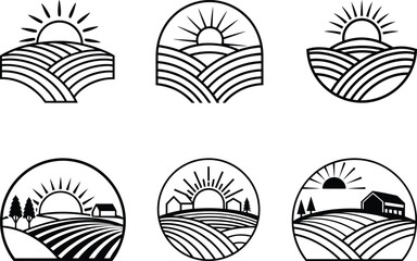 A set of a Beautiful Farmland Sunrise vector, Farmland Sunrise silhouette vector illustration, Farmland Sunrise line art vector design