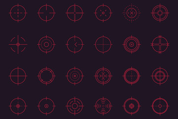 Crosshair gun sight vector icons set. Bullseye, target or aim symbol. Futuristic aim pointer. Military rifle scope, shooting mark sign. Targeting, aiming. Archery, hunting vector. Game UI element.