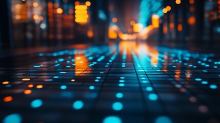 A vibrant, illuminated floor with colorful lights and reflections.