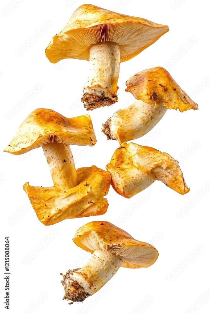 Poster mushrooms displayed on a solid black background with detailed textures and shapes isolated on transp
