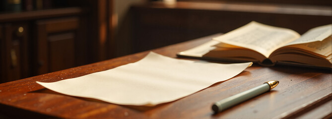 Folded paper mockup on wooden table with open book