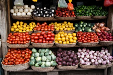 A fresh produce market brimming with organic fruits and vegetables, each item carefully arranged to showcase its vibrant colors and freshness