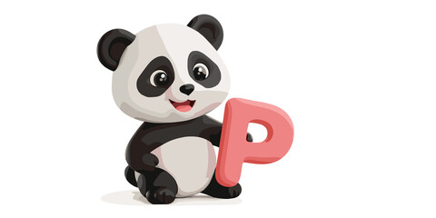 A cute cartoon panda sits, smiling, and holding a large pink letter "P."