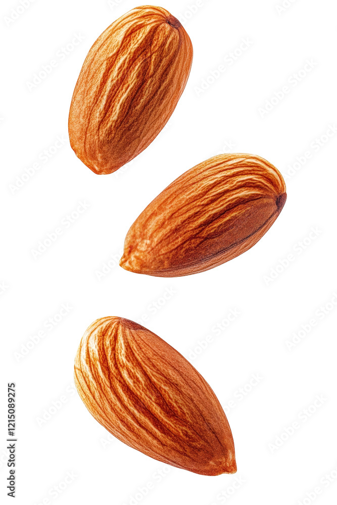 Poster almonds scattered on a black background showcasing their natural shape and texture in a minimalistic