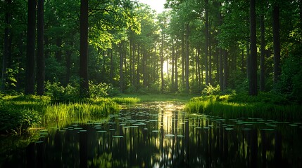 Serene Forest Landscape with Reflections and Lush Greenery