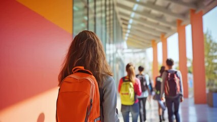 Groups of students, carrying backpacks in vibrant colors, walk down a modern corridor filled with natural light. The atmosphere reflects a lively school environment and camaraderie. 1st day at school.