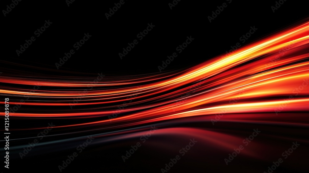 Poster dynamic abstract waves of vibrant red and orange streak gracefully across a dark background, creatin