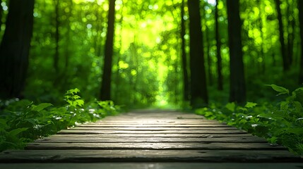 Obraz premium Serene Forest Pathway Surrounded by Lush Green Trees and Foliage