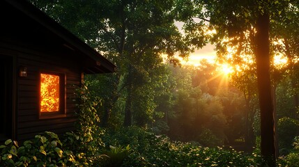 Fototapeta premium Serene Cabin in Forest with Warm Glow and Stunning Sunset View