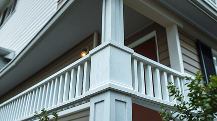 Fototapeta premium White Porch Railing and Column Detail: Classic House Exterior Architecture