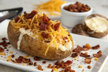 Cheddar cheese and crumbled bacon on top of a baked potato skin, toppings, appetizer, snappy, savory